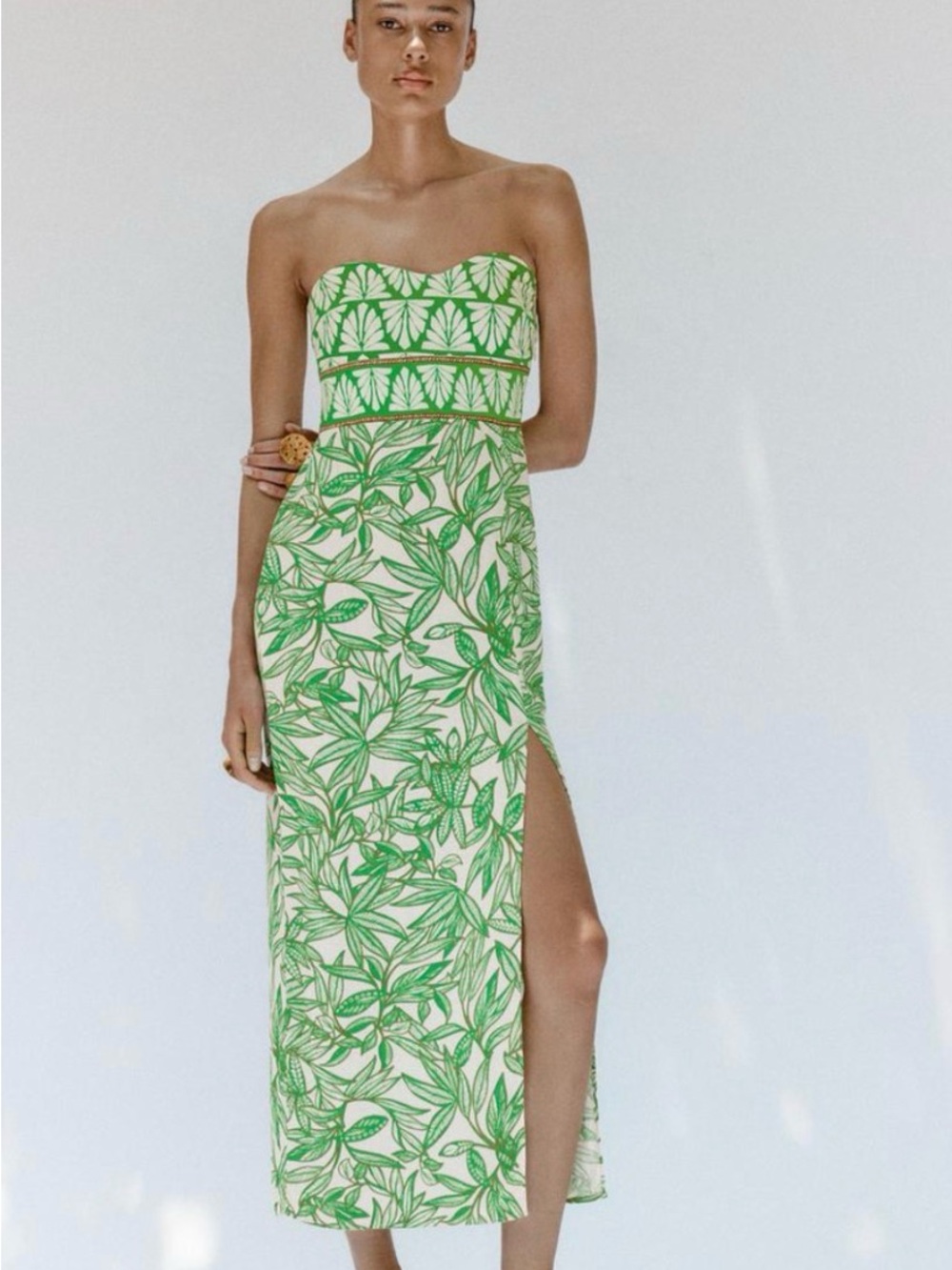 Zara Strapless Green Leaf Print Midi Dress size M